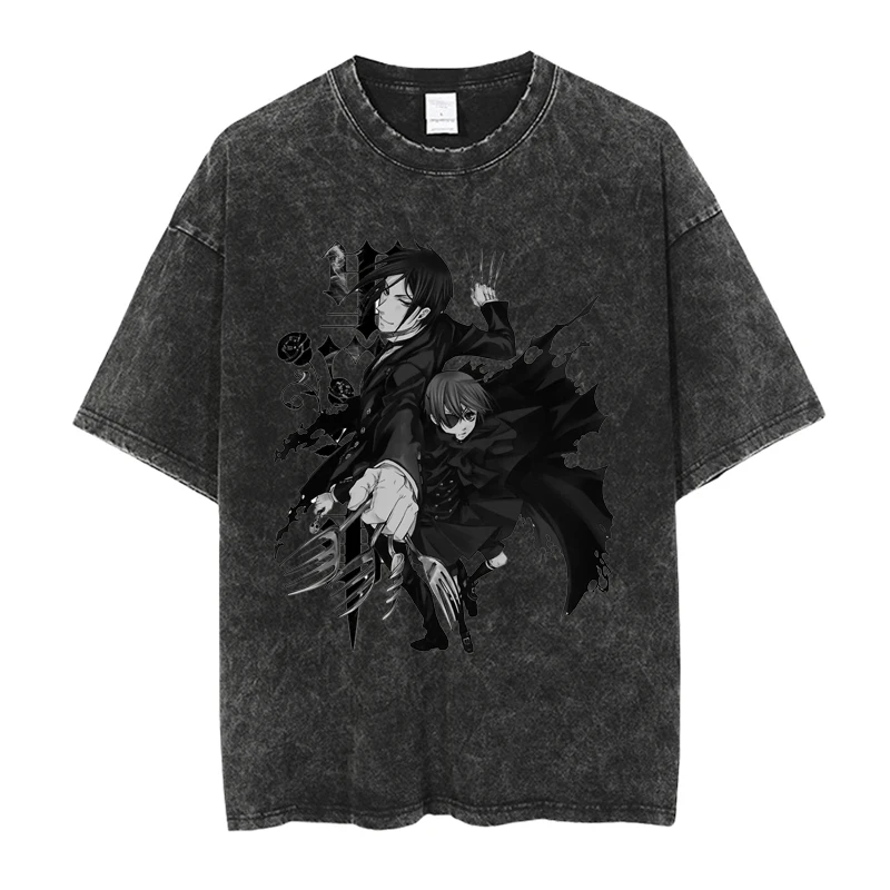 أنيمي الأسود بتلر ميكايليس سيباستيان كول طباعة المحملة الرجال النساء مانغا القطن بلايز خمر غسلها المحملة Harajuku الذكور تي شيرت
