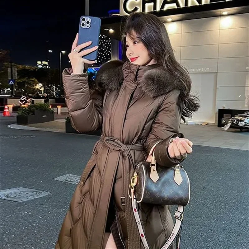 Fur Collar Hooded Long Slim Lace-up Down Jacket for Women's Winter Loose and Thick Warm Jacket Fashion Female Clothes