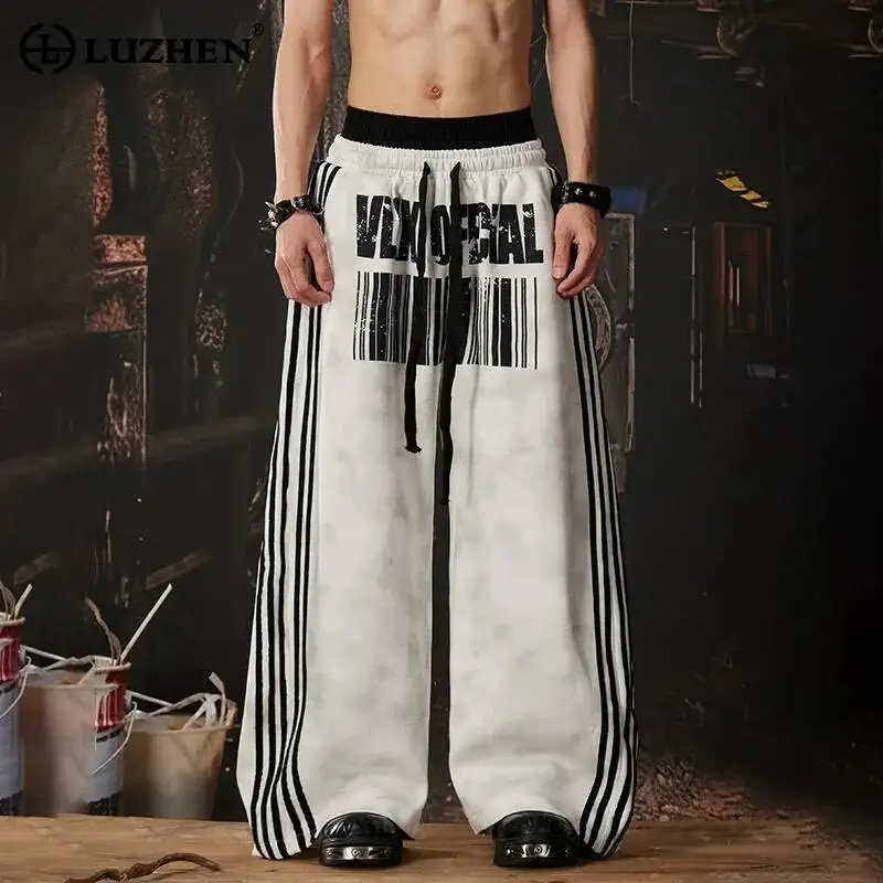 

LUZHEN 2026 New Letter Printed Stripe Elastic Waist Baggy Straight Casual Pants Men's Fashion Street Wide Leg Trousers JY6832