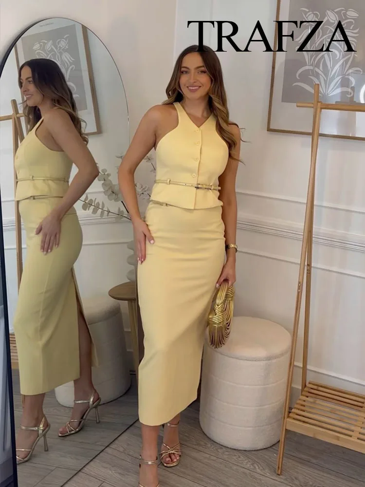 TRAFZA Women Fashion Suit Yellow V-Neck Sleeveless Belt Sngle Breasted Tops+High Waist Pocket Belt Long Skirts Female Summer Set