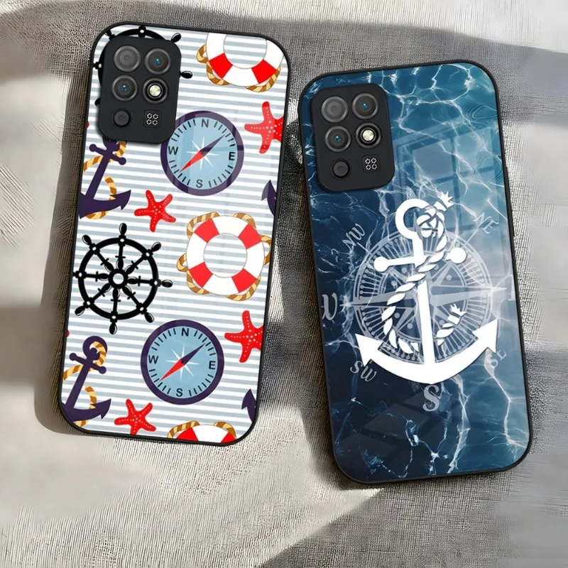 Stripes Anchor Boat Ship Wheel Phone Case For Huawei P30 Lite P50 P20 P40 P10 P9 Smartp Z Mate 40 Honor 30 50 60 Pro Plus Glass