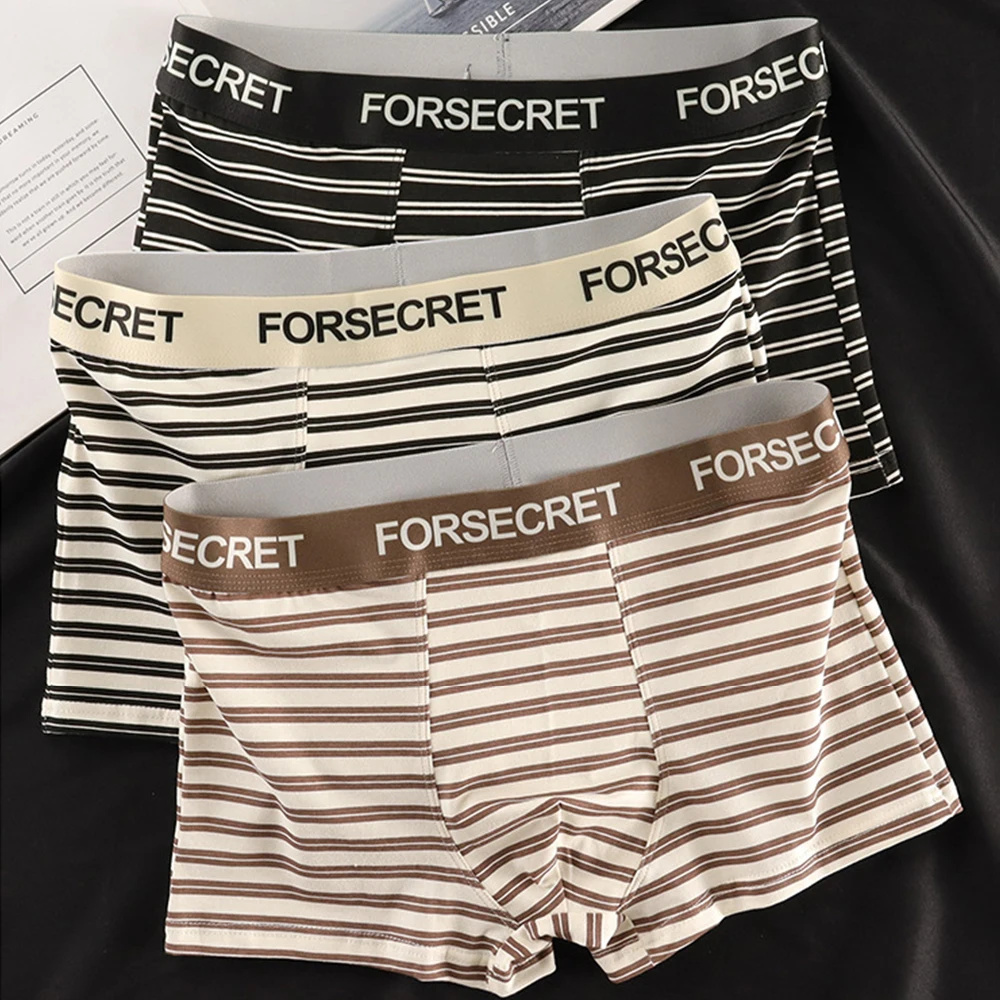 

3PCS/Pack Cotton Antibacterial Breathable Crotch Men's Panties Trendy Striped Boxer Hygroscopic Soft Autumn and Winter Undrewear
