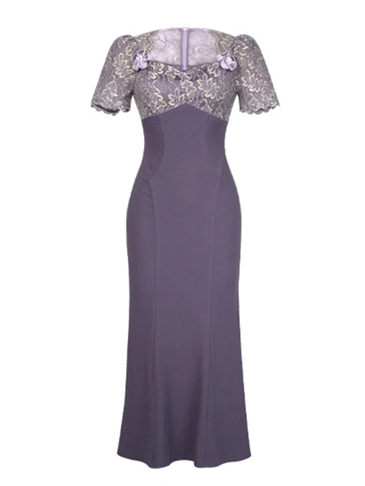 Ropa de mujer dulce encaje púrpura Sexy cuello cuadrado ajustado cola de pez vestido largo elegante Vestidos de fiesta bata Casual ocasión Formal nuevo