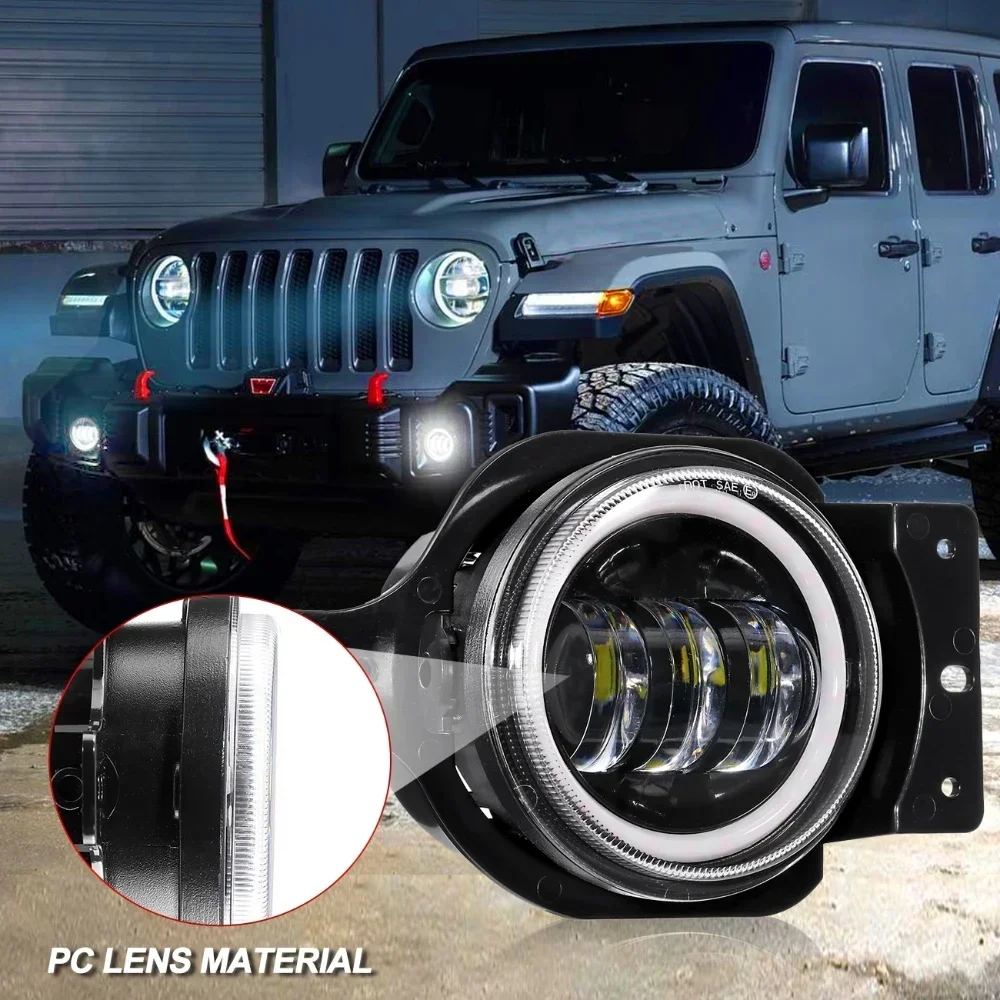 60W LED Front Fog Lights DRL with Wire Harness & Mounting Bracket With Halo Ring Angel Eyes for Jeep Wrangler JL 2018-2022