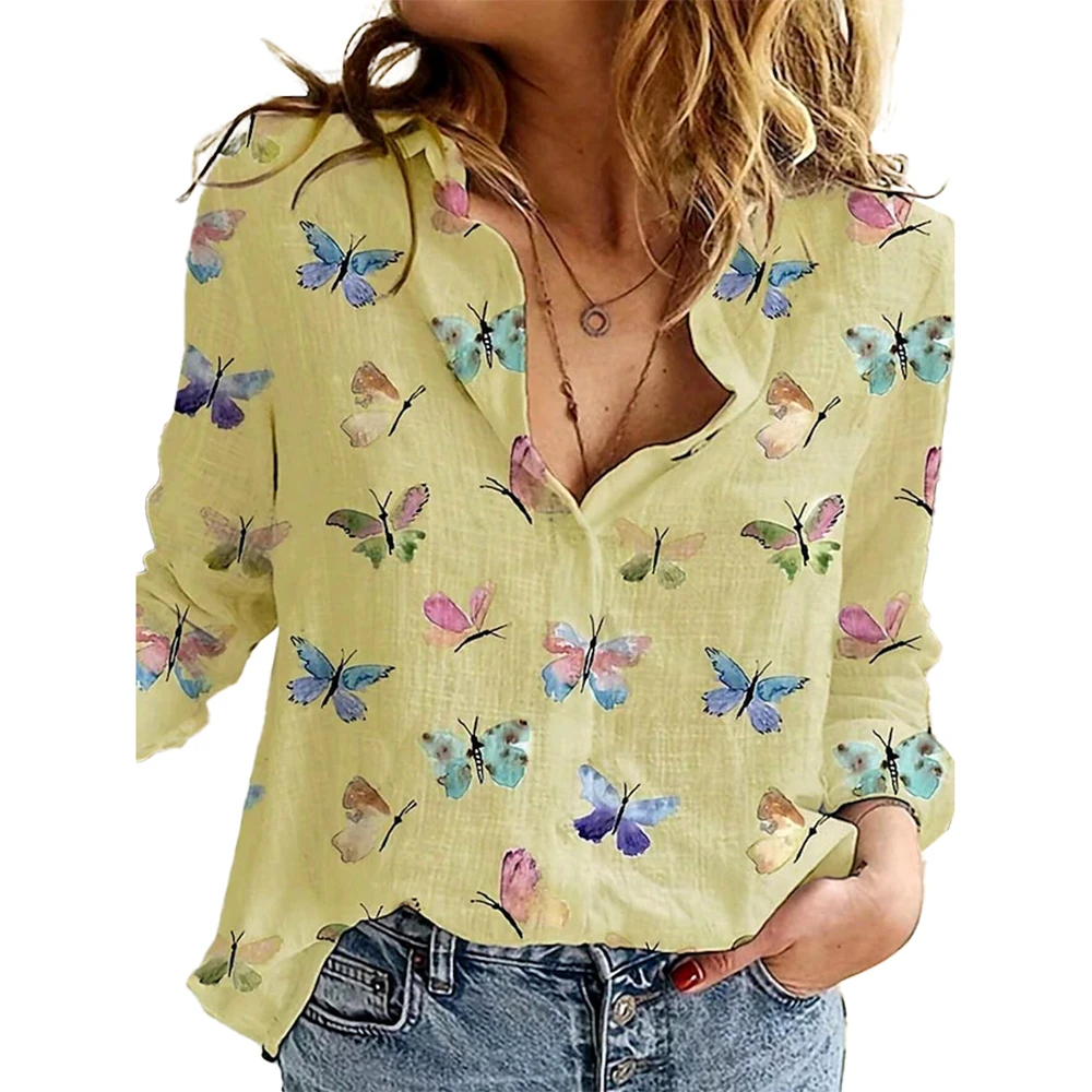 Women Long Sleeve Blouse Spring Autumn Turn Down Collar Shirt Loose Office Lady Casual Butterfly Printing Basic Shirts Oversized