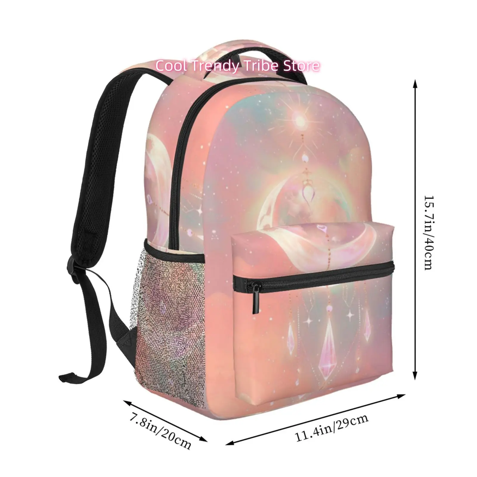 Pastel Celestial Moon and Crystal Print Backpack, Oxford Cloth Adjustable Strap Casual Daypack for Beach Yoga Travel
