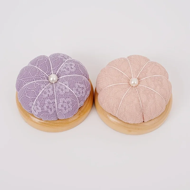 Pumpkin Shaped Lace Patchwork Needlework Organizer Wooden Base Tailoring Needle Pad Wedding Clothing Designer Insert Bag