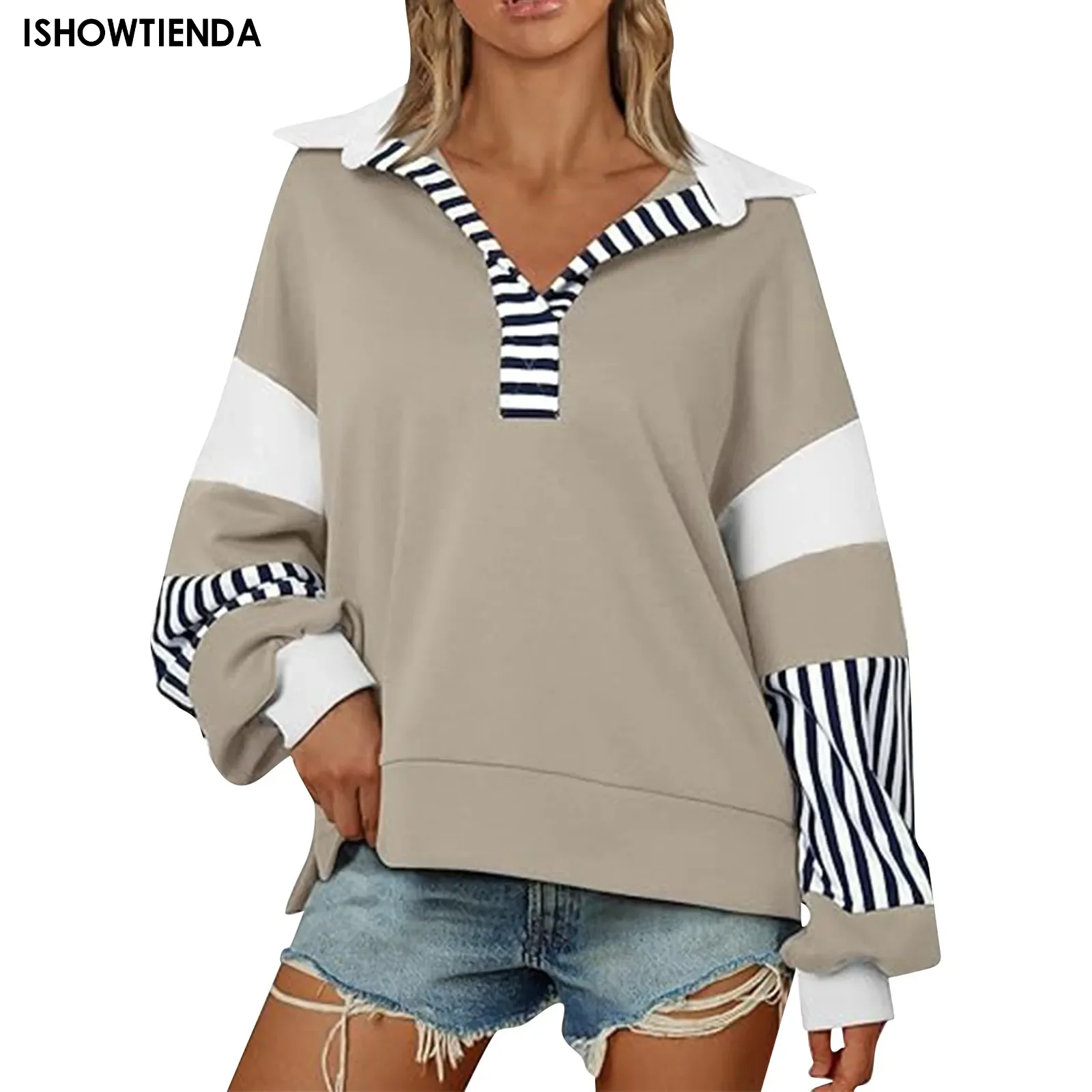 Striped Solid Pullover Sweatshirts Long Sleeve Basic Tops Fashion Loose Autumn Sweatshirts Solid Sweatshirt Female New Casual