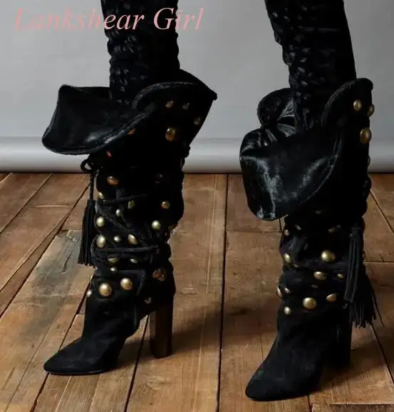 

New Winter Brand Women Warming Fold Lace Up Rivets Pointed Toe Chunky Heels Fringe Tassel Knee High Boots Fashion Long Boots