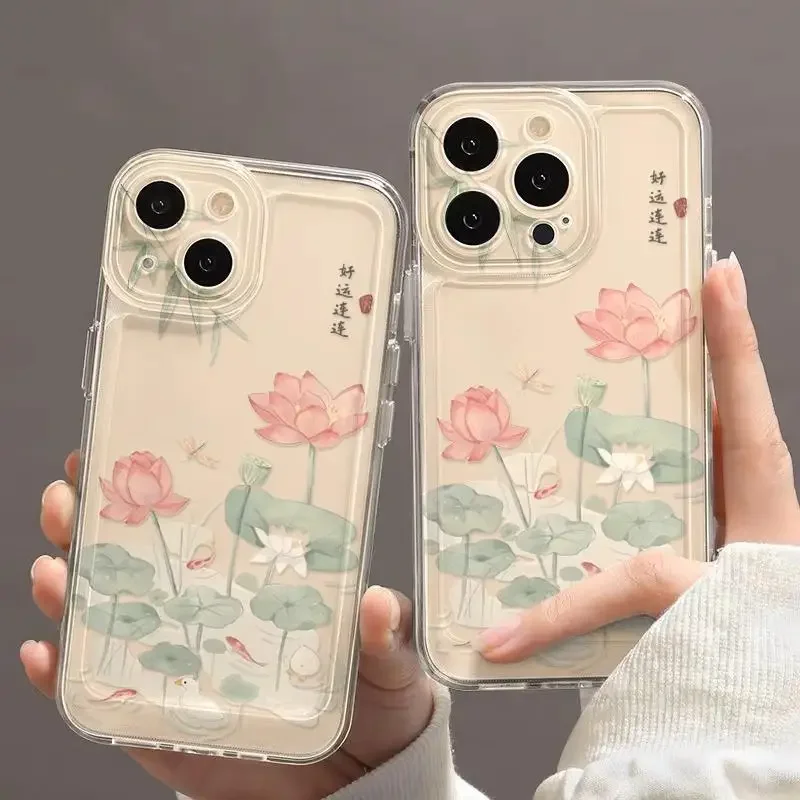Luxury Lotus Pond Phone Case For iPhone 17e 17 16e 16 15 14 13 12 11 Mini Air Pro Max X XR 7 Plus Transparent Soft Back Cover