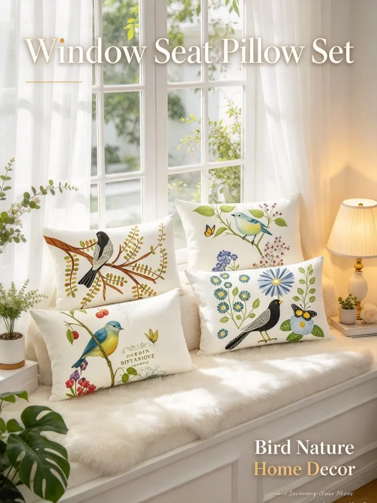 VIKAMA New Arrival Bird Nature Pillow Covers Floral Butterfly Decorative Lumbar Cushion Cases, White Botanical Throw Pillowcases