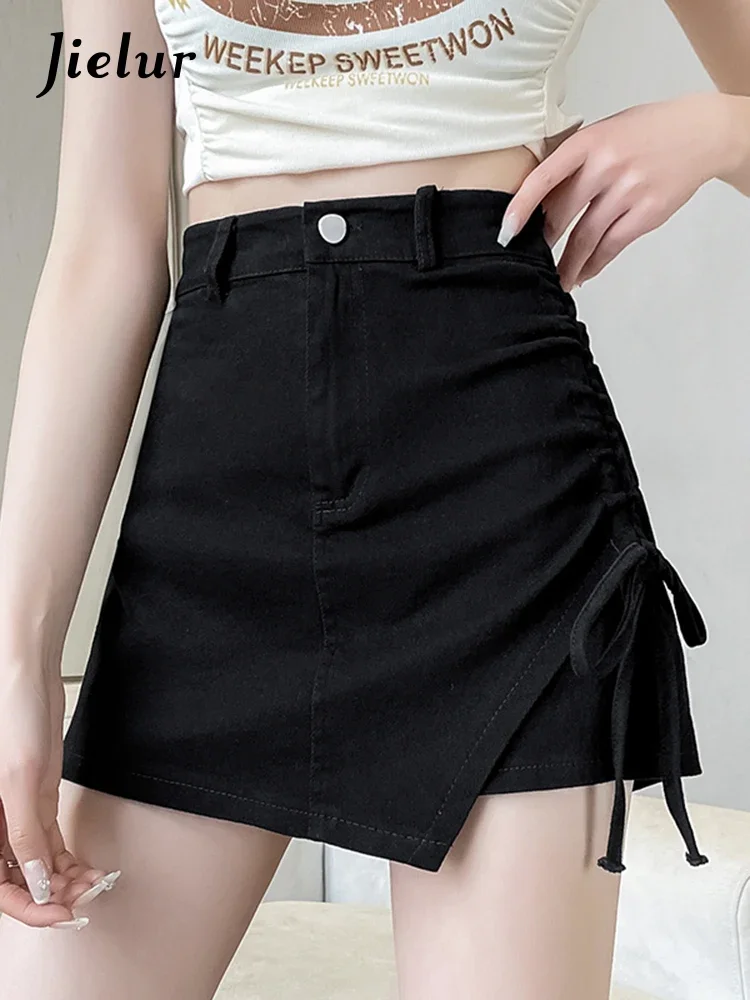 

Jielur Summer Slim Irregular Shirring Skirts Ins Black High Waist Tight Hip Fashion Chic Women's Skirts Solid Color Casual Skirt