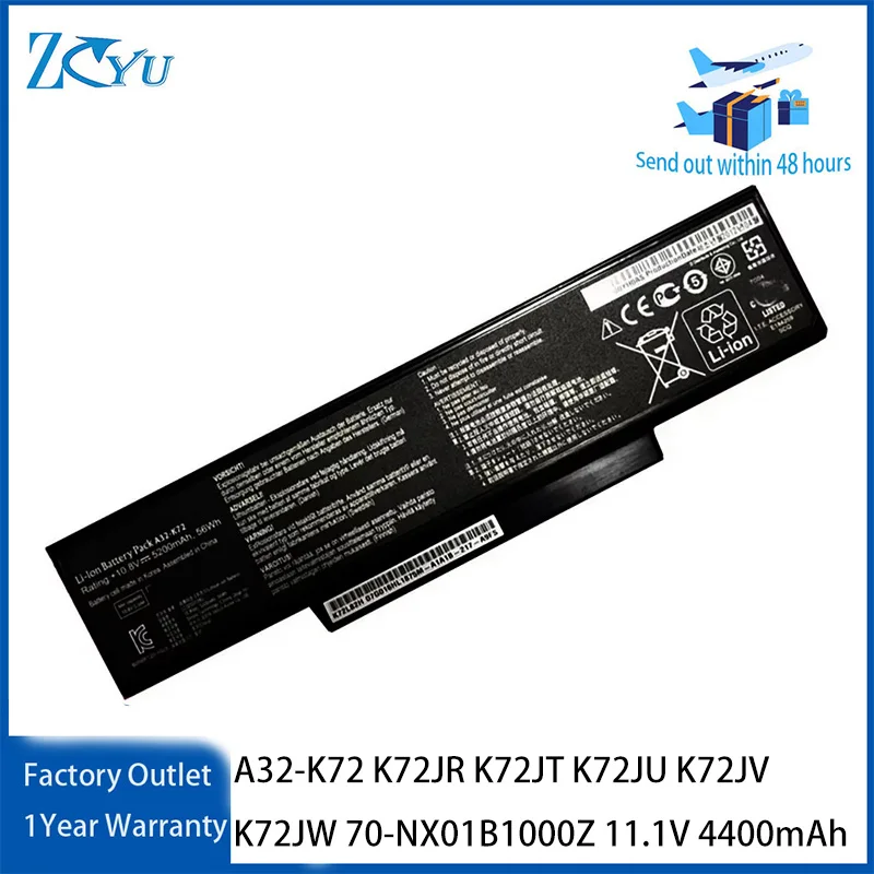 A32-K72 Laptop Battery for Asus K72JR K72JT K72JU K72JV K72JW 70-NX01B1000Z 11.1V 4400mAh