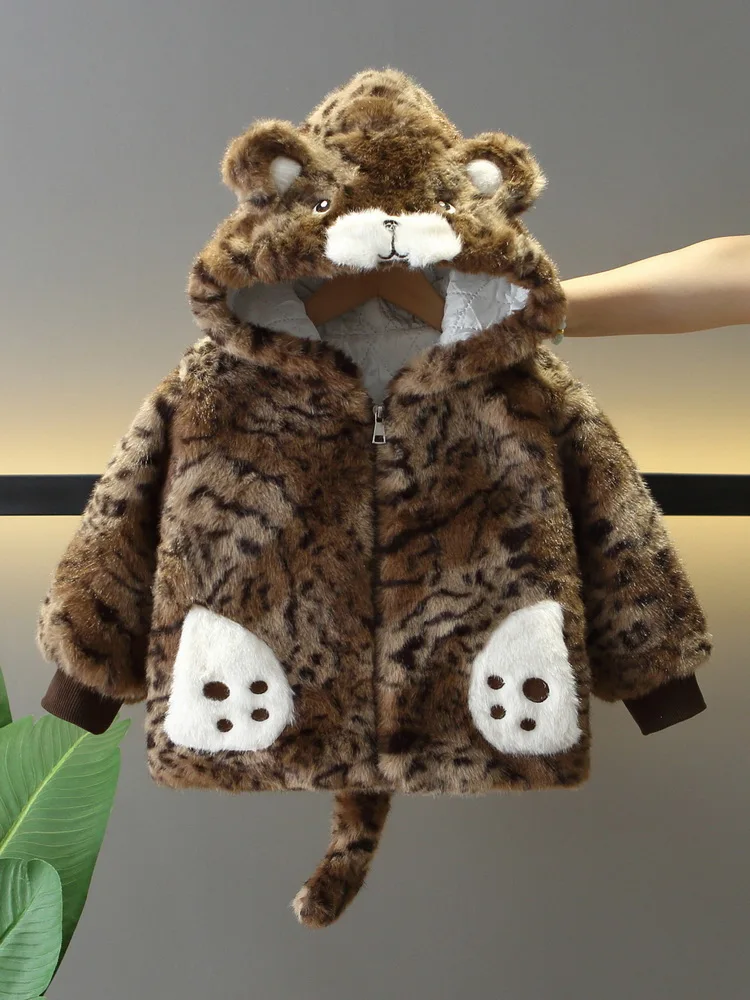 2025 Fleece Winter Children Outwear Hoodies Leopard Tiger Coat Kids Jacket For Boys Girls Thick Plush Parkas Teen Boy Warm Coat