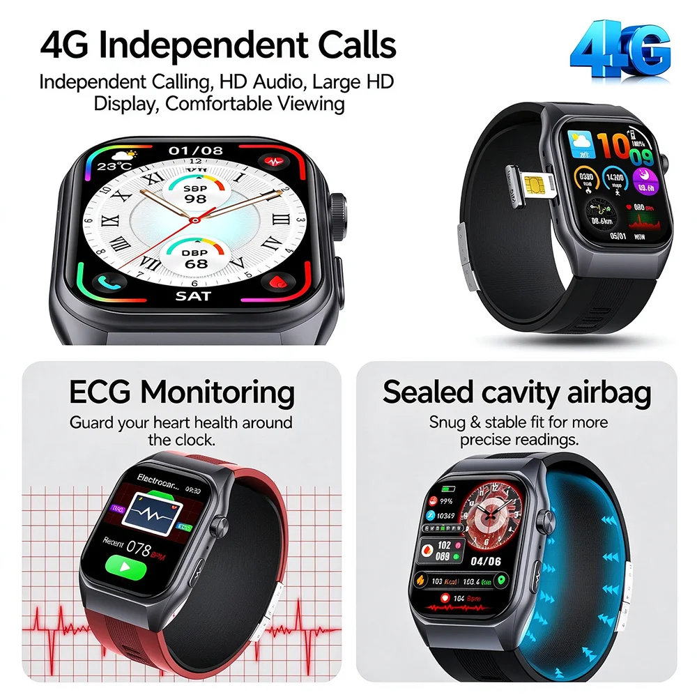 Air Pump Accurate Blood Pressure Smart Health 4G Card & BT Call Watch ECG Heart Rate SpO2 AMOLED Multiple Sport Smartwatches