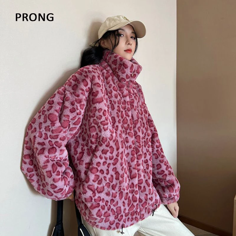 Winter Loose Leopard Print Faux Fur Coat Women Long Sleeve Zip Up Warm Soft Fluffy Jacket Thick Warm Streetwear Outerwear