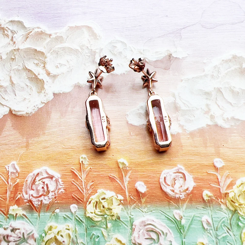 Stern-Ohrstecker mit rosévergoldetem Stein, europäischer romantischer feiner Schmuck für Frauen, Geschenk aus echtem 925er-Sterlingsilber – Detail 6