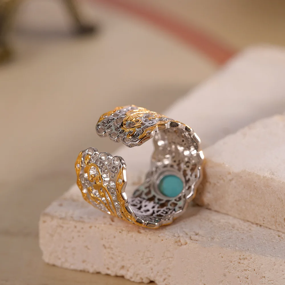 S925 Sterling Silver Rings for Women Gilded Contrast Color Hollow Pattern Inlaid Turquoise Fashionable Luxury Jewelry Wholesale