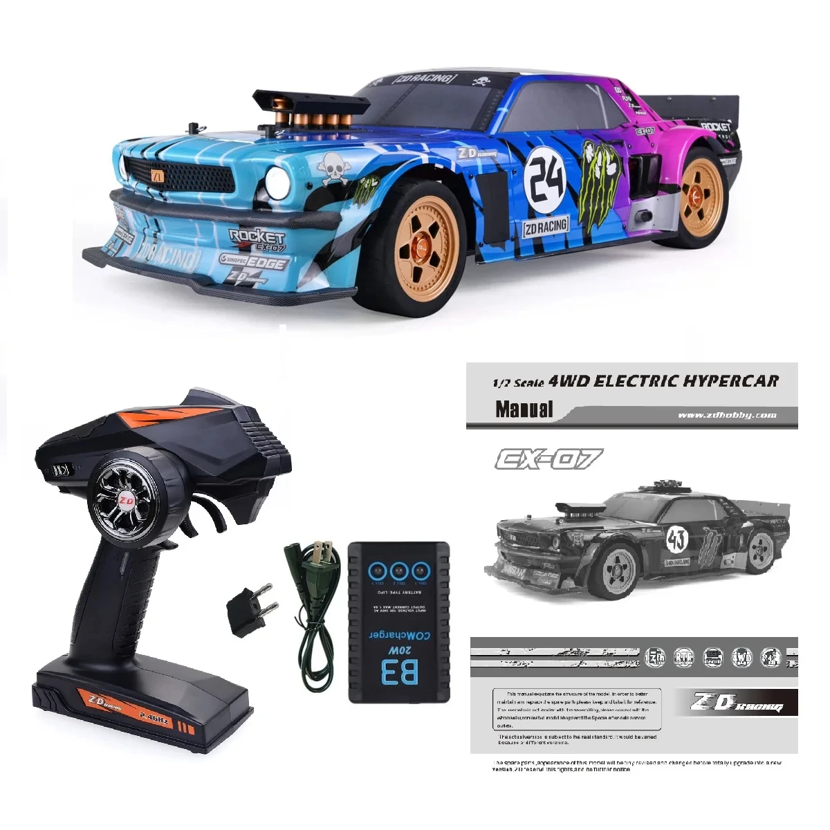 ZD Racing-Monster Truck elétrico com controle remoto, alta velocidade Drift Car, modelos de veículos enormes, 1:7 4WD, EX07, 130 km/h, Presente