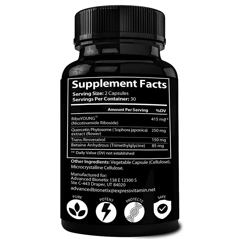 NAD Supplement with Nicotinamide Riboside, Resveratrol, Quercetin, Betaine, Anti-aging, Brain, Heart, Immunity, Cell Energy, DHA