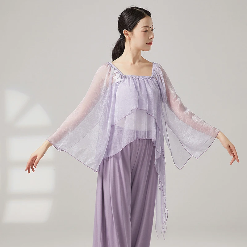 

Women Classical Dance Top See Through Loose Chiffon Flowy Sleeve Blouse Chinese Folk Dance Practice Stage Performance Costume