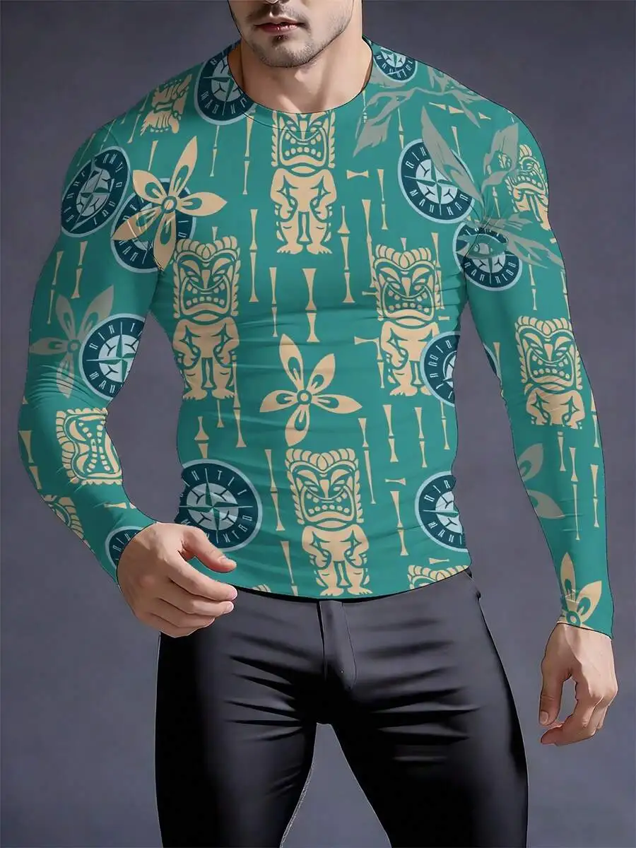 

Mens Long Sleeve Compression Top With Tiki And Floral Motif Athletic Base Layer For Workout And Casual Wear