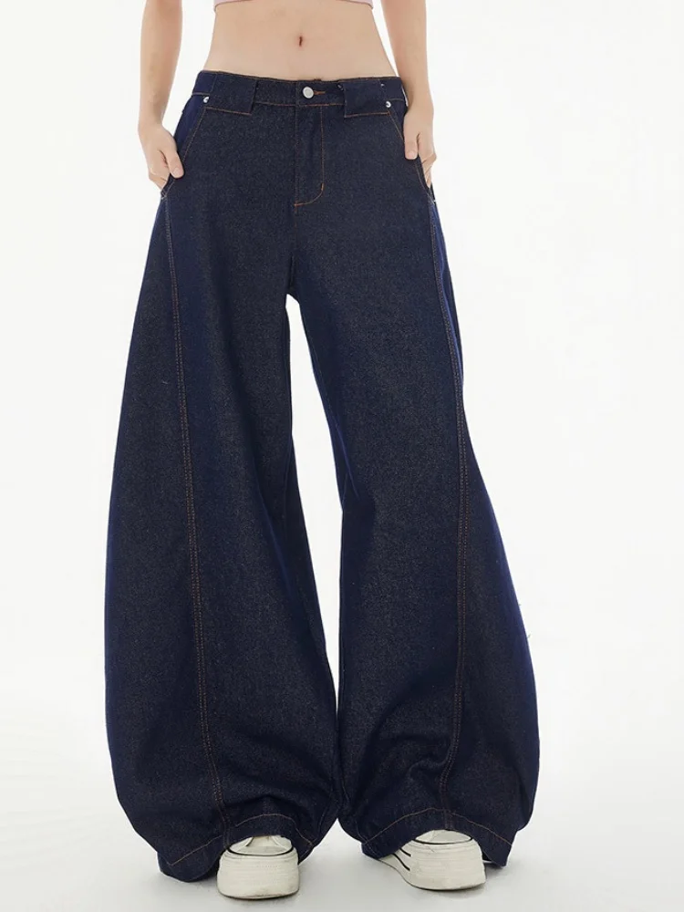 

High Waist Wide Leg Deep Blue Denim Jeans Women's American Sle Spring Autumn Slim Straight Loose Long Trousers