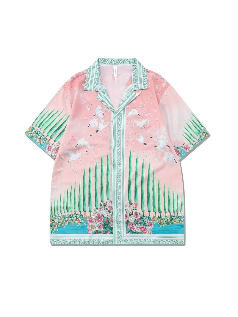 Cuba Collar Short Sleeve Shirt Casual Floral Print Youth Fashion Spring Summer Autumn Unisex Loose Fit Shirt Couple Matching