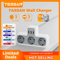 TESSAN 6-in-1 Multi Socket USB Charging Adapter with 3 AC Outlets and 3 USB A Ports 3600W 3-Way Wall Socket for Home Office