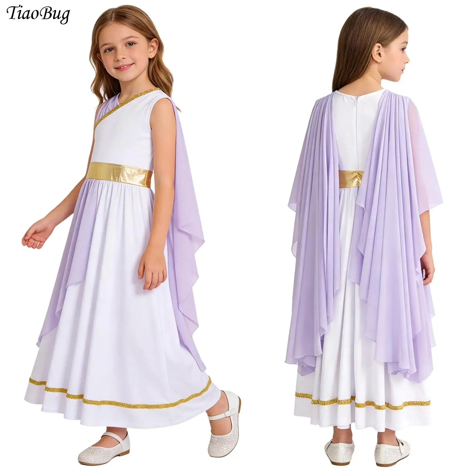 

Girls Halloween Ancient Rome Cosplay Greek Toga Costume Grecian Sleeveless Gown Dress Shawls Flowy Tulle Dress Carnival Dress Up