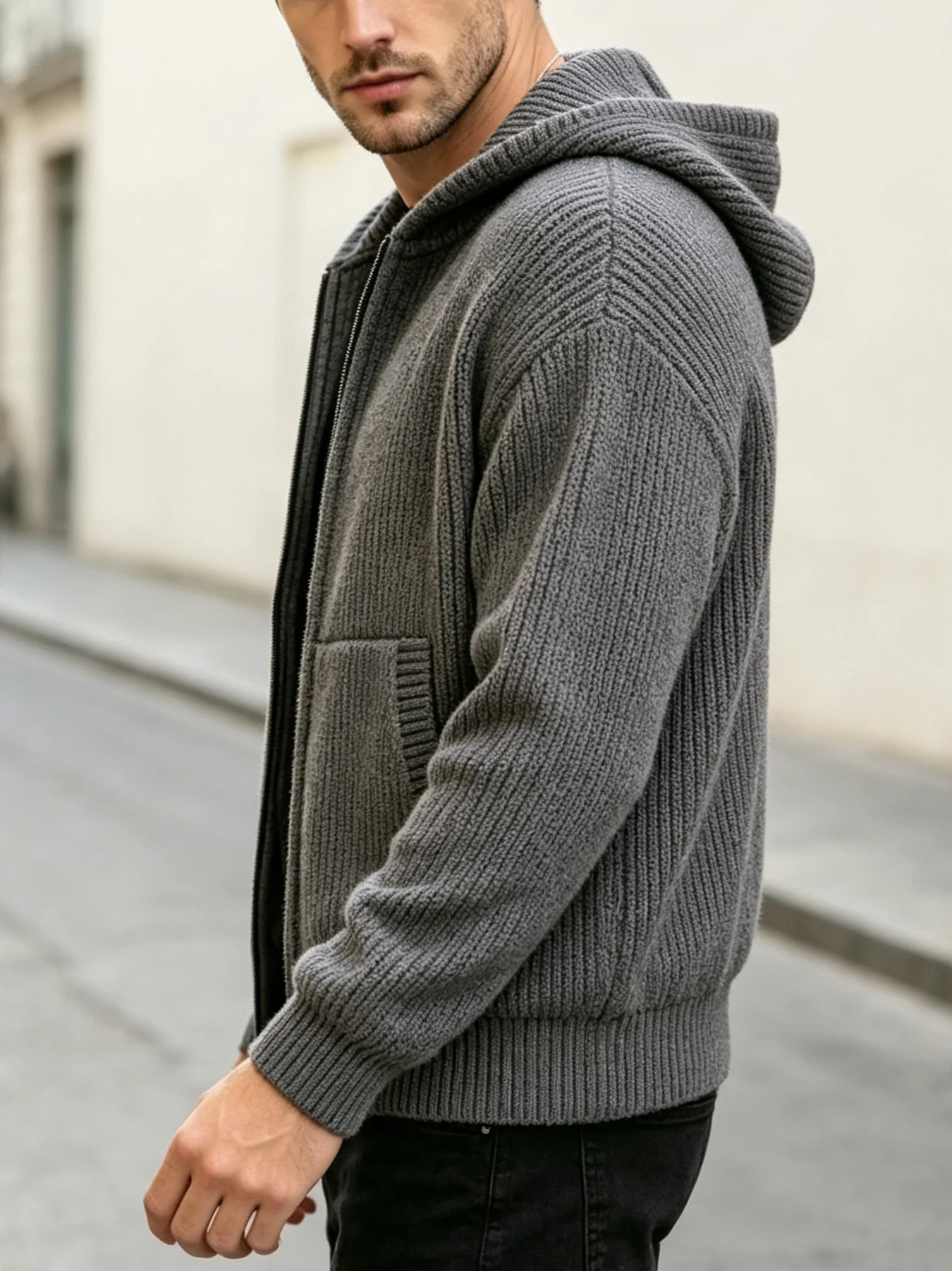 Herren Strickjacke mit Reißverschluss und Kapuze, locker geschnittene gerippte Strickjacke mit Taschen, langen Ärmeln, einfarbig, Streetwear für Herbst und Winter. – Detail 3