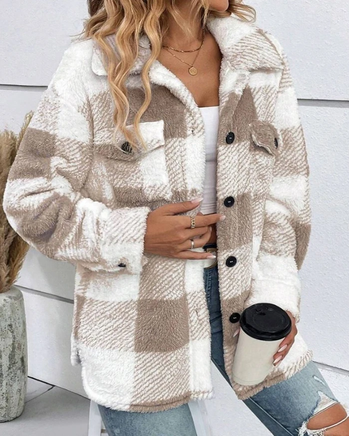 Fashionable Winter New Coat Plus Size Plaid Pattern Turn-Down Collar Button Down Teddy Coat for Women Shipped Within 48 Hours