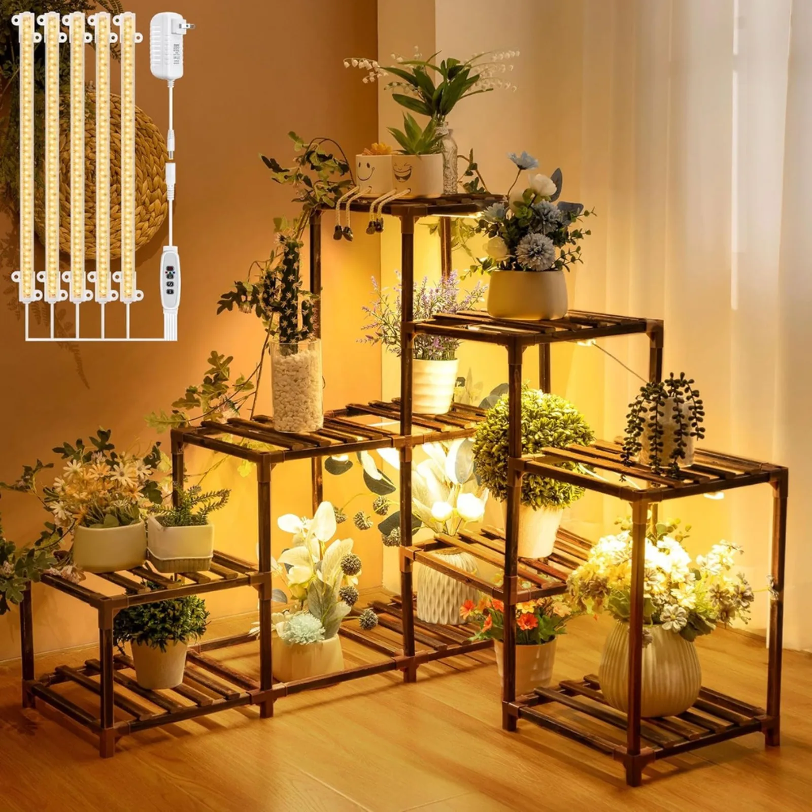 

US Plant Stand with Grow Lights, Wood Plant Shelf with Full Spectrum Grow Lamp for