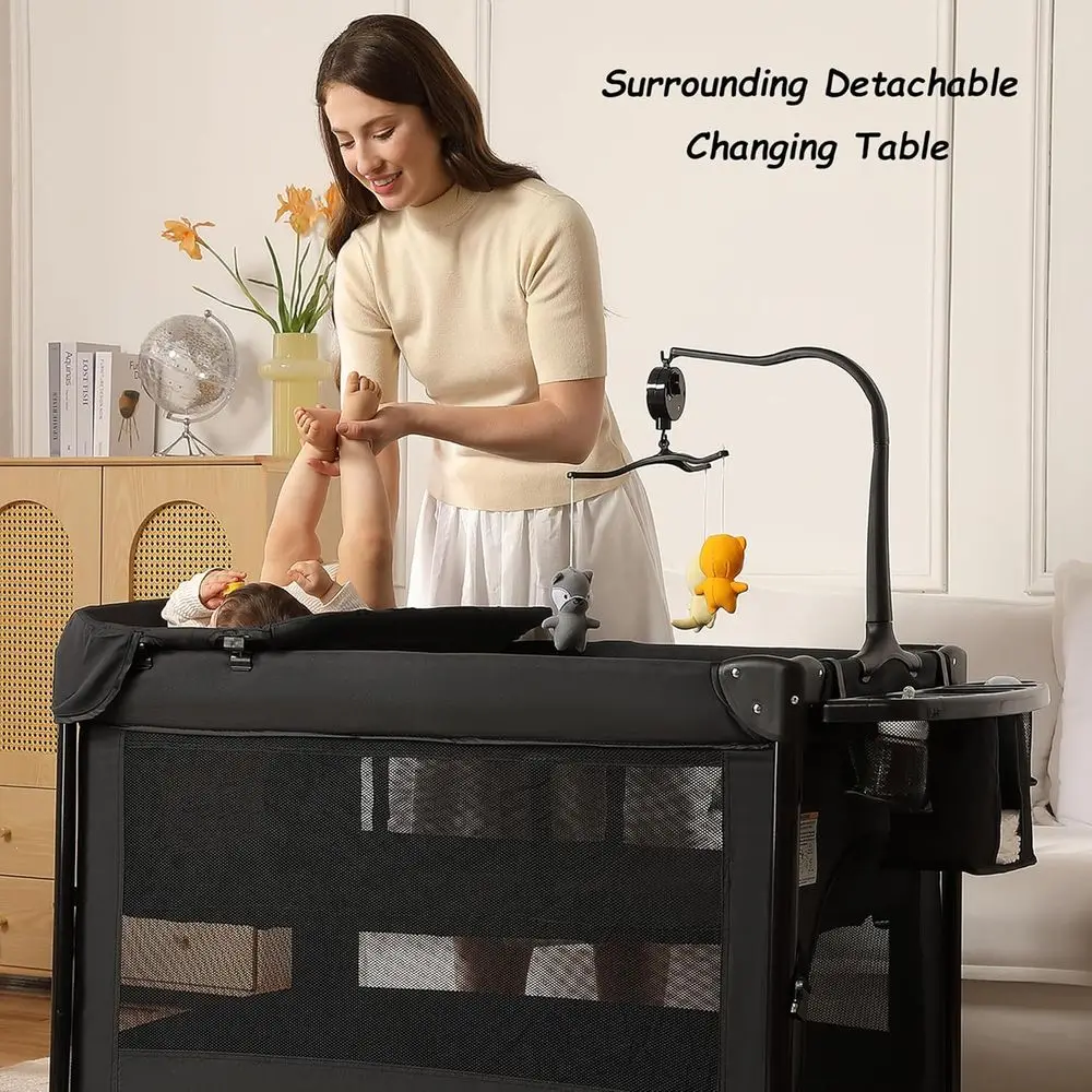 Breathable Mesh Steel Frame Play Yard - Foldable Bassinet, Crib, Changing Table for Newborn to Toddler (Black)