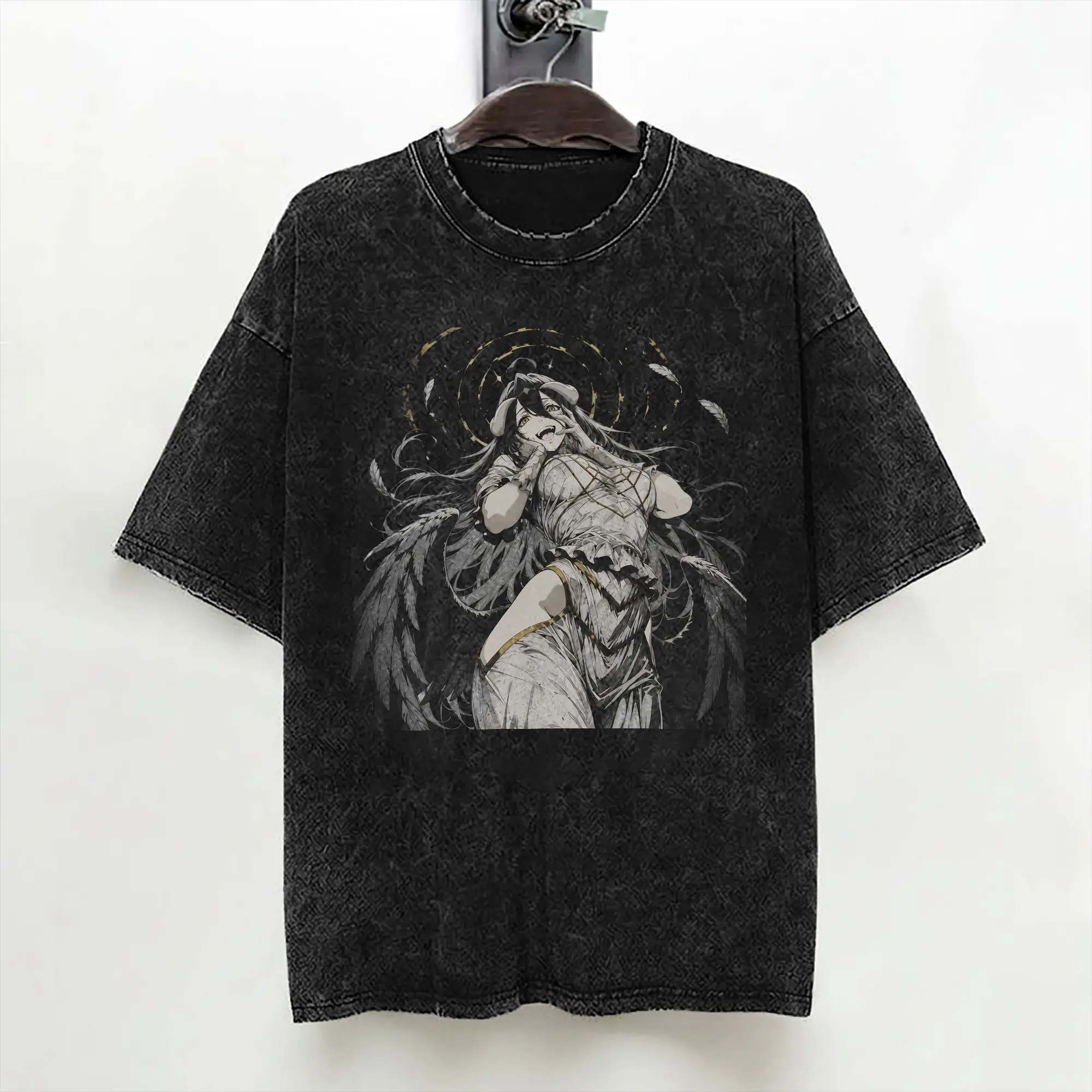 Albedo Japanese Anime T Shirt Washed Short Sleeve Harajuku T-Shirt  Retro Men Women Streetwear Graphic Tee Shirt
