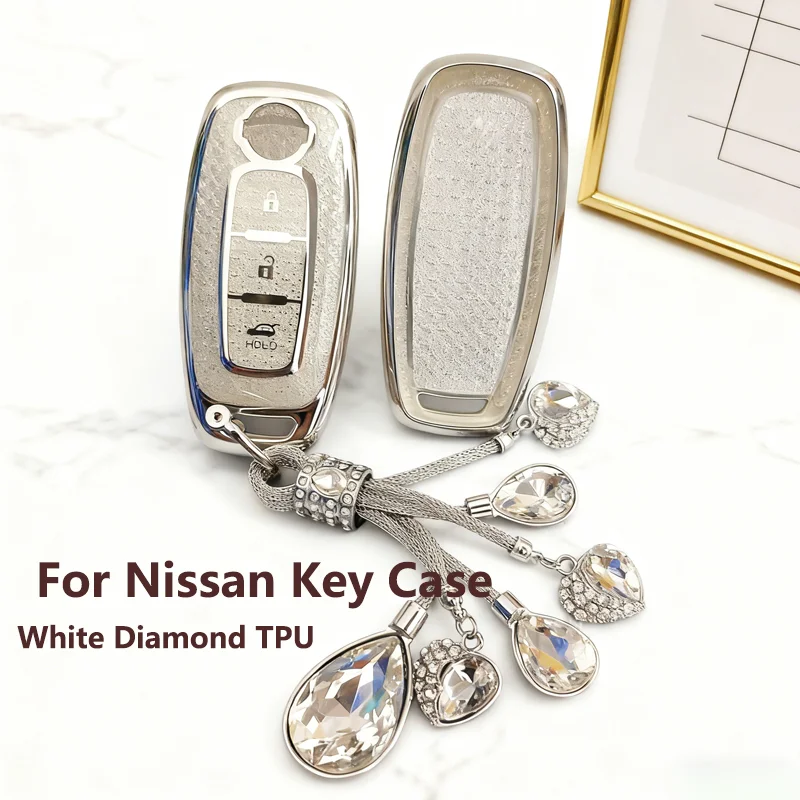 White Diamond TPU für Nissan X-trail T33 Kicks Qashqai J12 Juke Teana Altima Ariya 2023 2024 Fernbedienung Autoschlüsseletui Abdeckungshalter