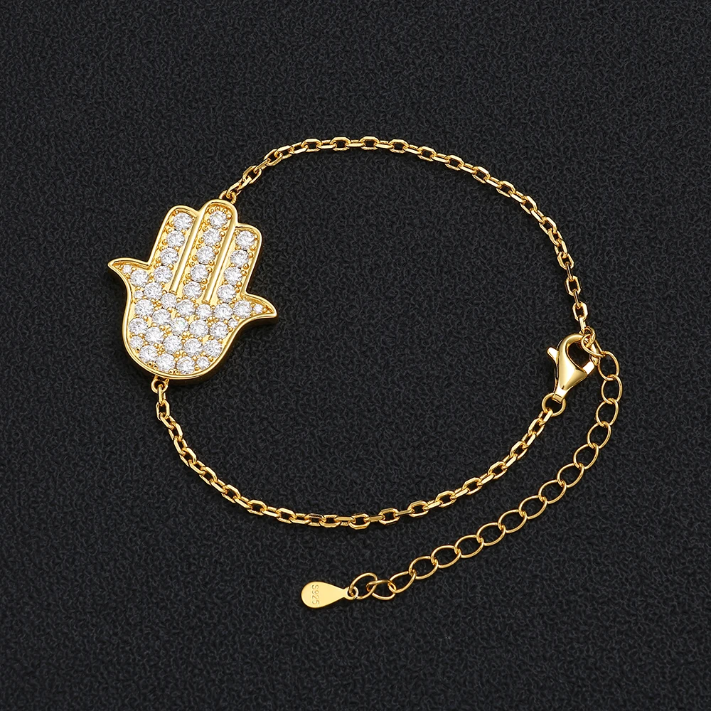 Real 925 Silver Moissanite Hamsa Hand Bracelet Gold Plated Full Pave Moissanite Charm Bracelet Daily Wear Trendy Women Jewelry