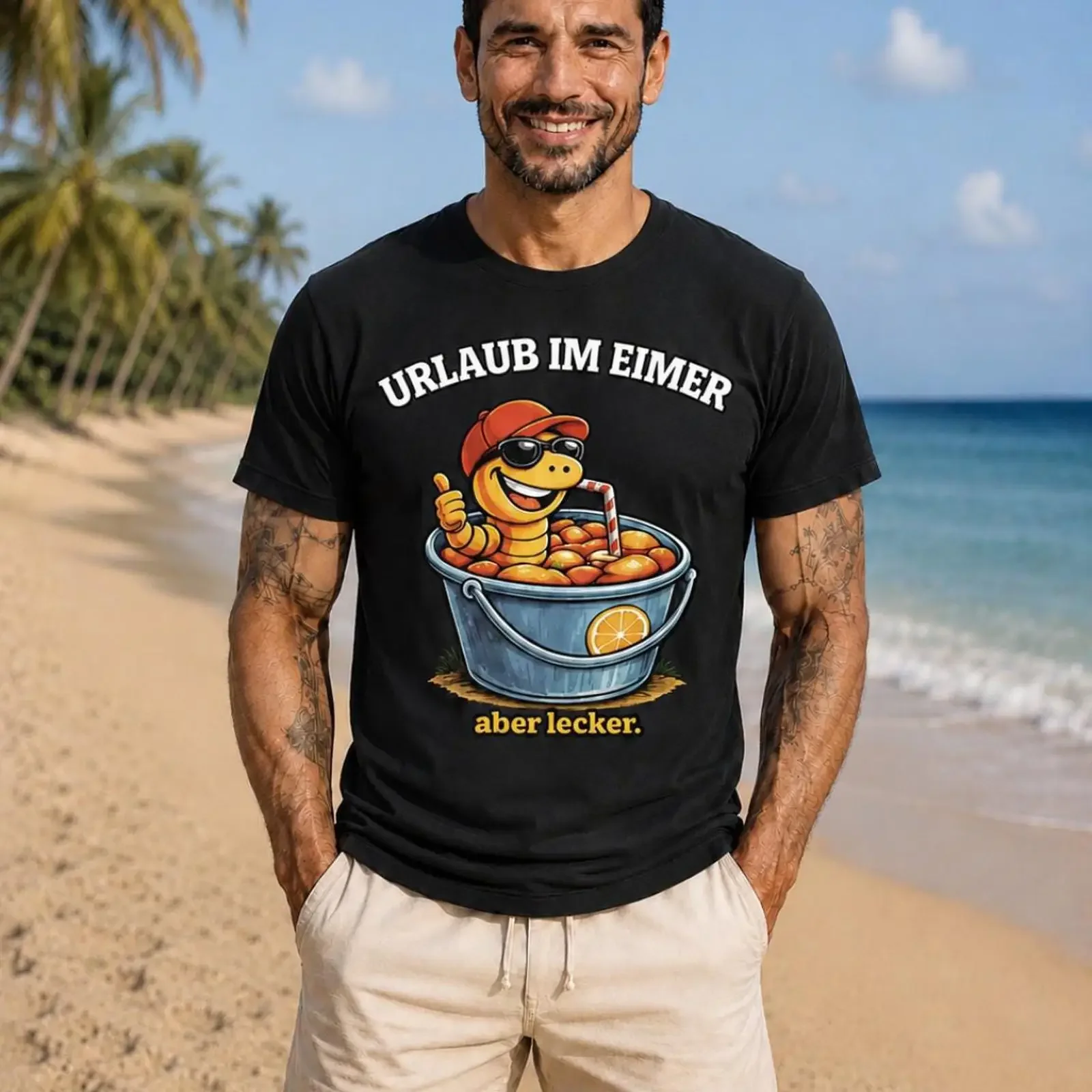 Men's German Funny 'Urlaub im Eimer' Worm Bucket T Shirt 100 Cotton Summer Beach Vacation Party Casual  vintage Washed fashion
