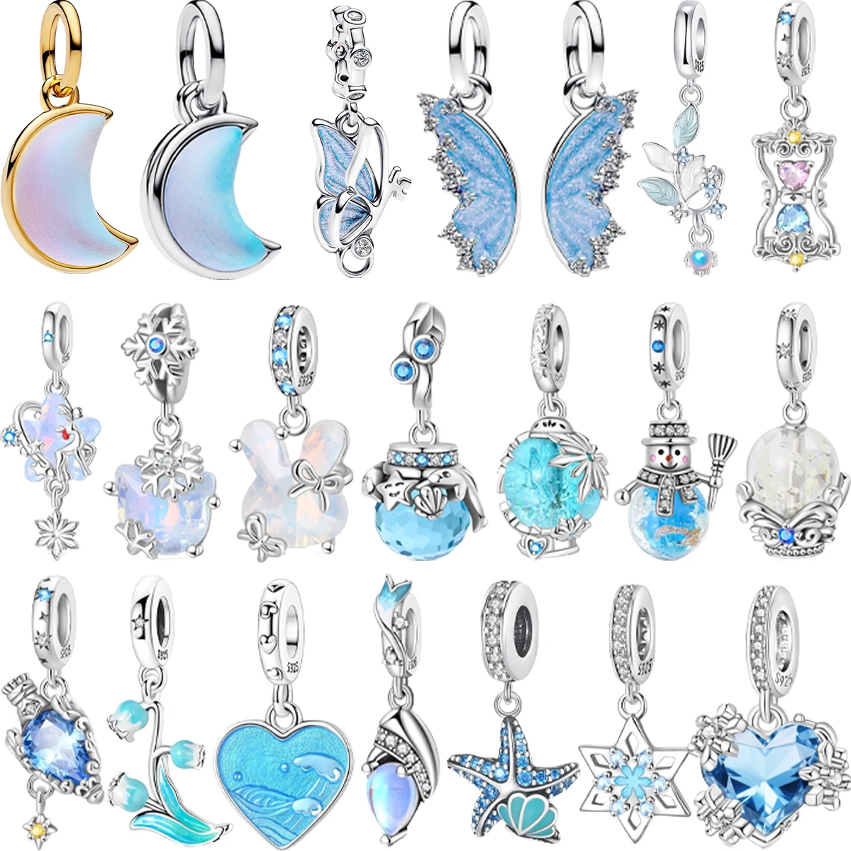 

New Original 925 Sterling Silver Blue Charms Moon Butterfly Crystal Ball Beads Pendants Fit Bracelet Necklace DIY Jewelry Gift