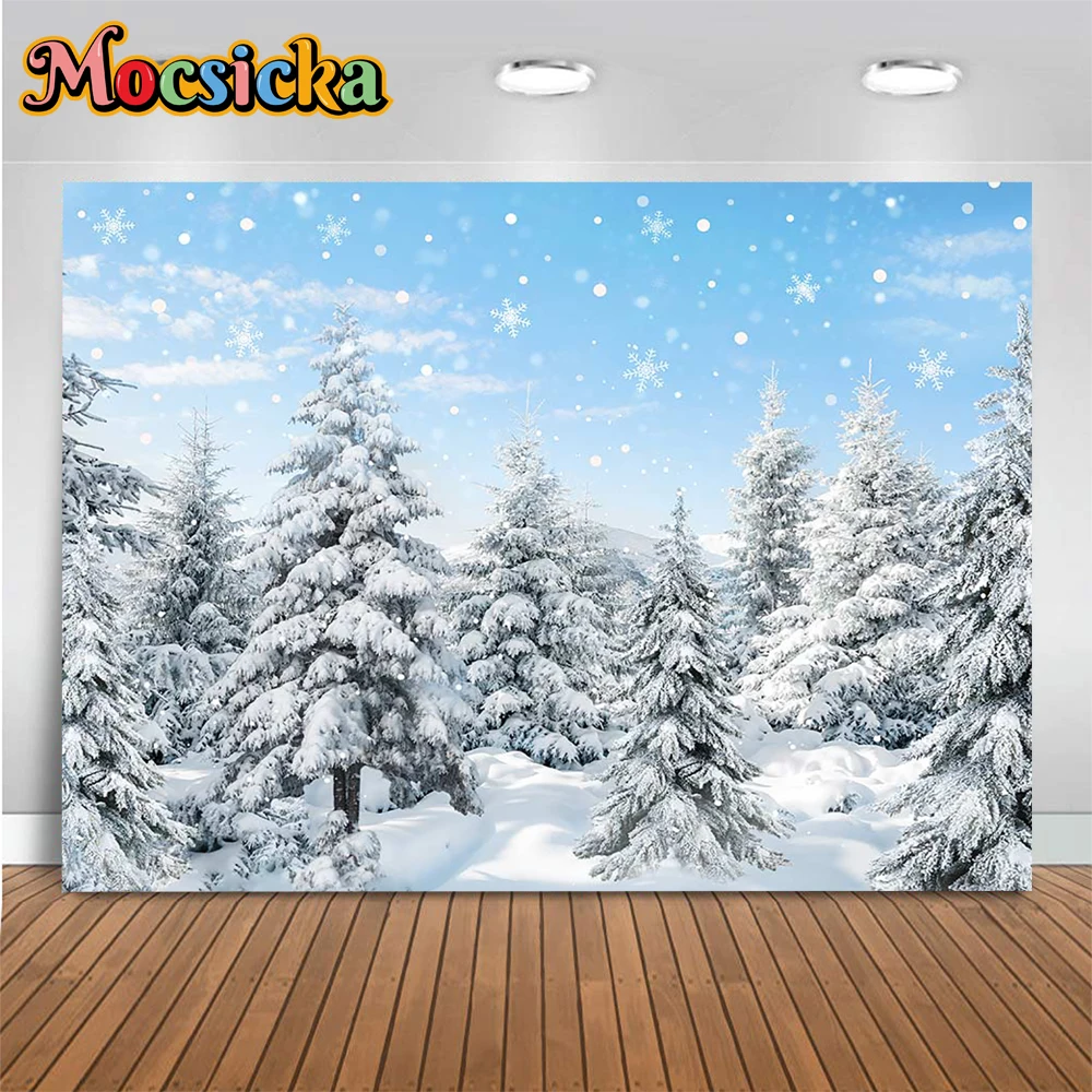 Mocsicka-Fondo de bosque congelado para fotografía, telón de Navidad para exteriores, copo de nieve, utilería de estudio fotográfico familiar para niños, Invierno