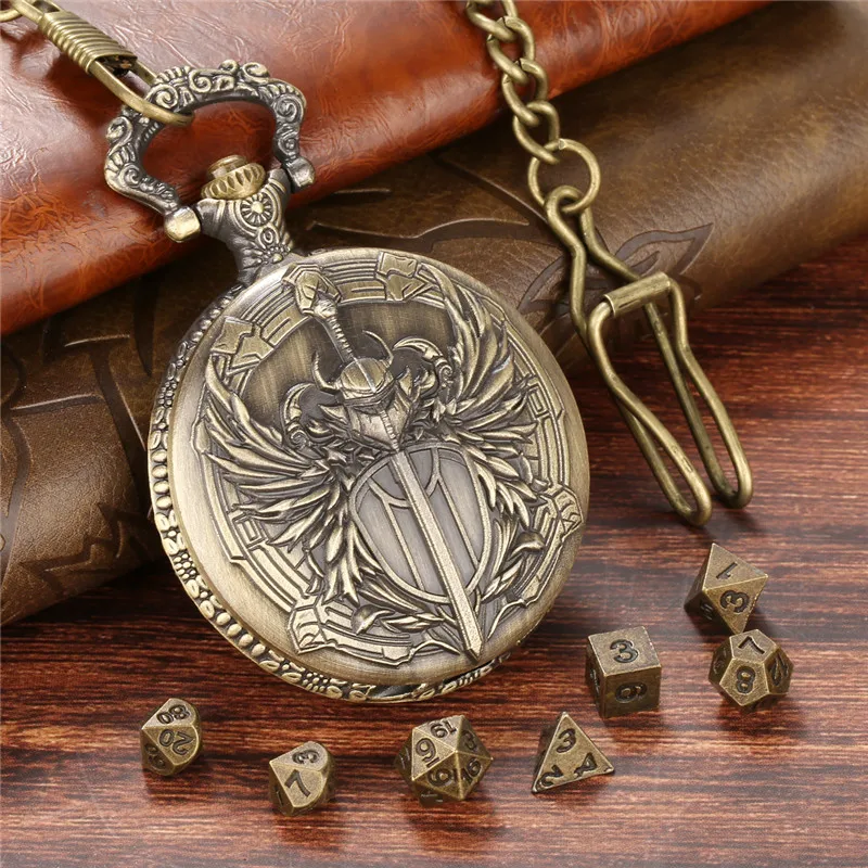 Steampunk Paladin Pocket Watch Case Fob Chain 7Pcs Tiny Metal Polyhedral Dice Set for Entertainment Role Play Gaming Dices Gift