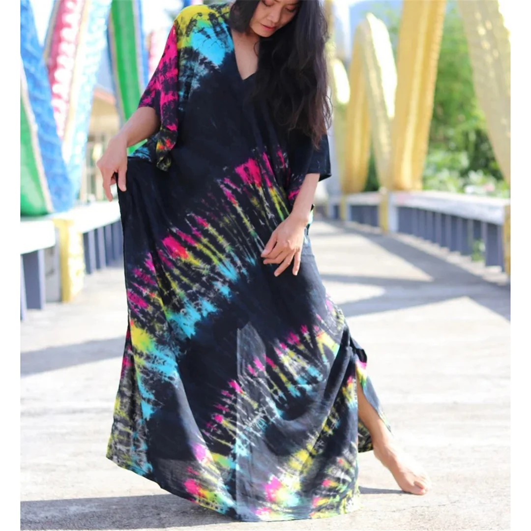 30 Farben, V-Ausschnitt, bedrucktes, farbenfrohes Batik-Tunika-Strandkleid, Strandkleid, Strandmode, Damen, V4477 – Detail 21