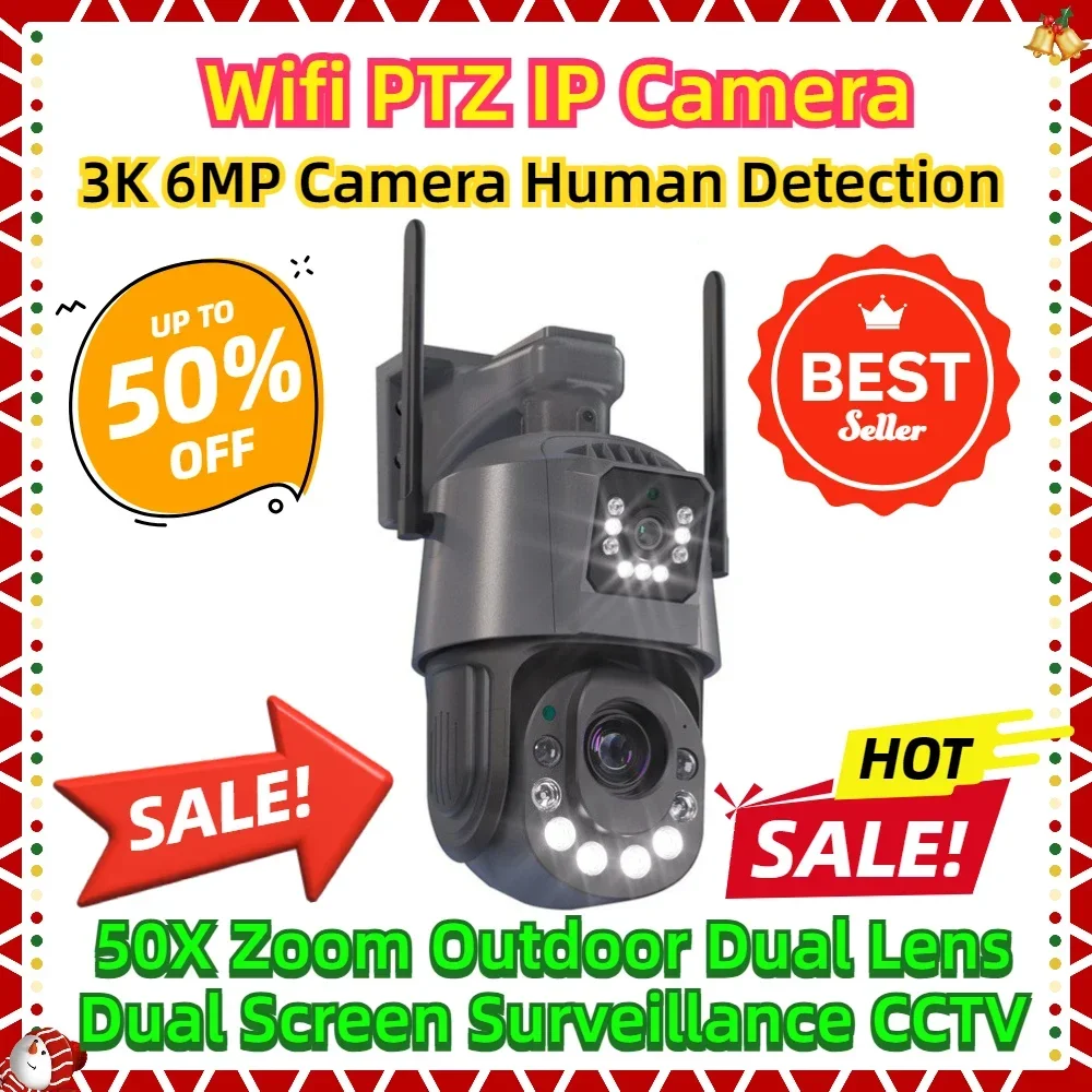 

50X Zoom Outdoor Dual Lens Dual Screen Surveillance CCTV Street Video 3K 6MP Camera Human Detection Wifi PTZ IP Camera