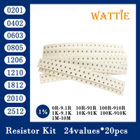 Resistor kit 0201 0402 0603 0805 1206 1210 1812 2010 2512 smd Resistor package 24values*20PCS=480PCS 1% Sample Kit Resisor