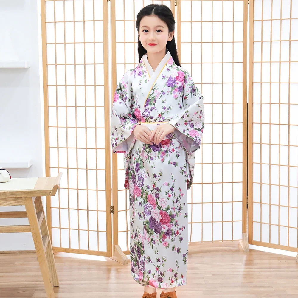 Children Girls Red Japanese Kimono Bathrobe Gown Print Flower Performance Clothing Yukata With Obitage Soft Cosplay Costume