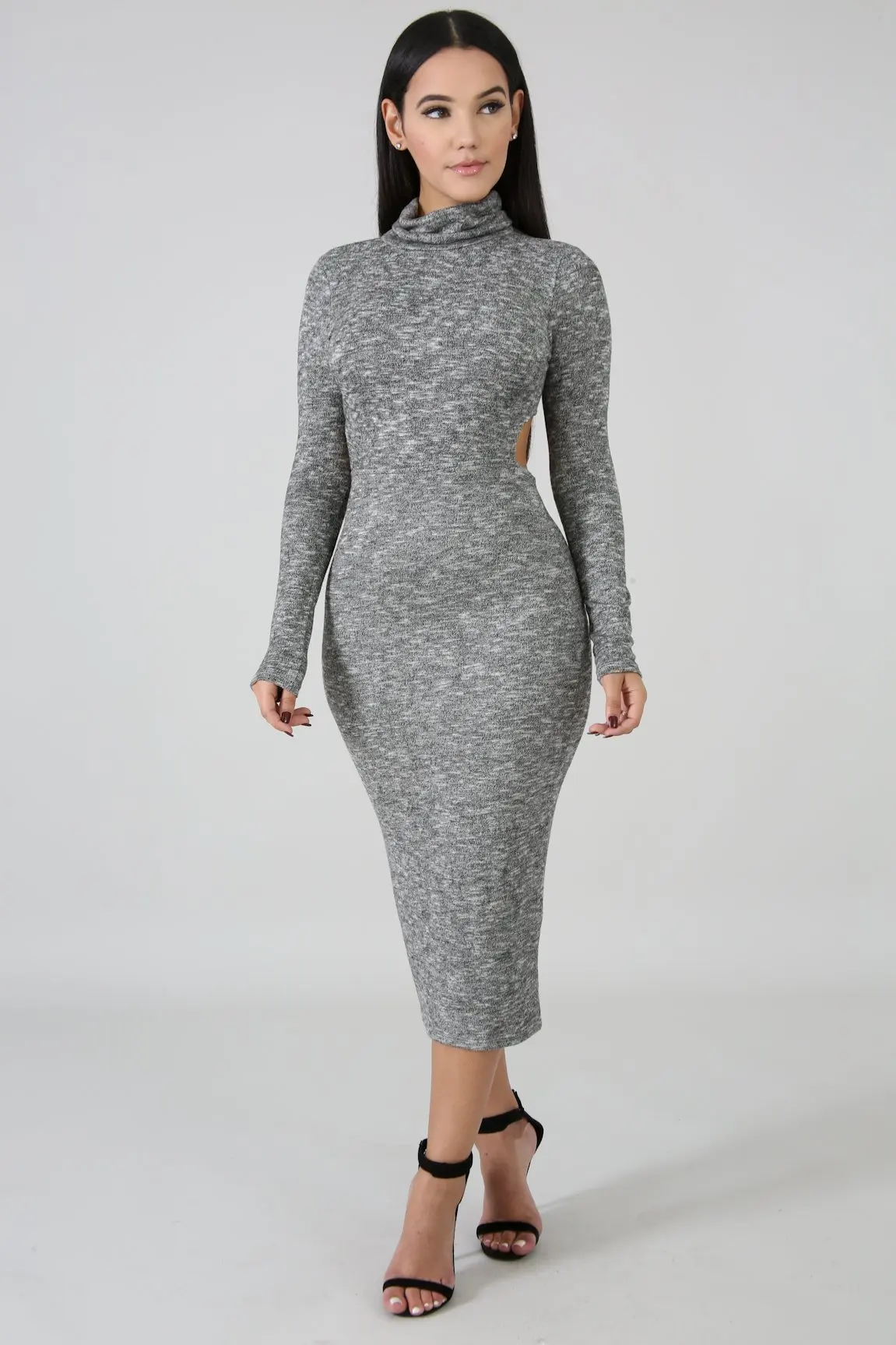 

Autumn and Winter Long Sleeve Solid Color Dress Fashion Women's Gray Cutout Round Neck High Waist Slim Dress Front and Back Wear