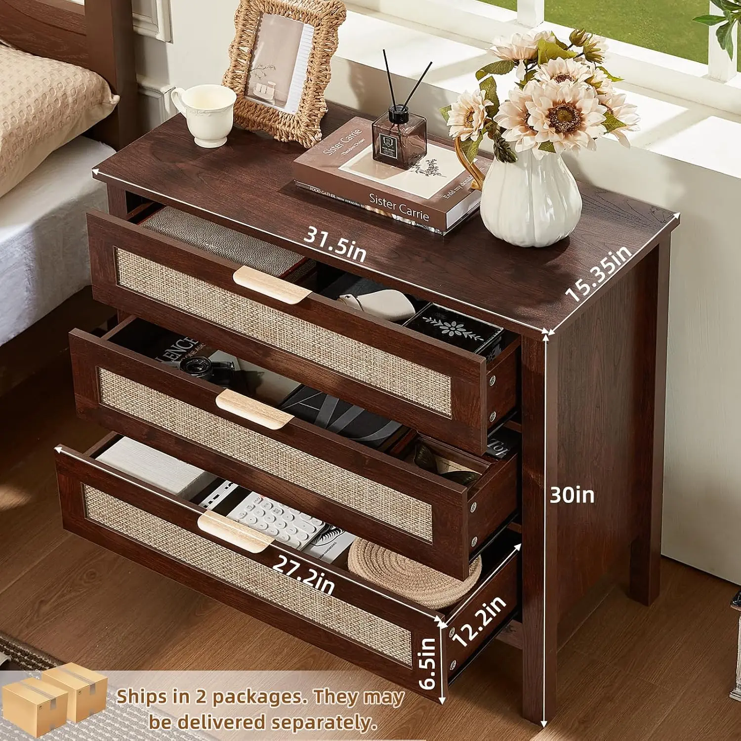 Rattan Nightstand Set of 2, 3 Drawer Bedside Table with Storage, Tall End Table for Bedroom Living Room, Walnut, Customized