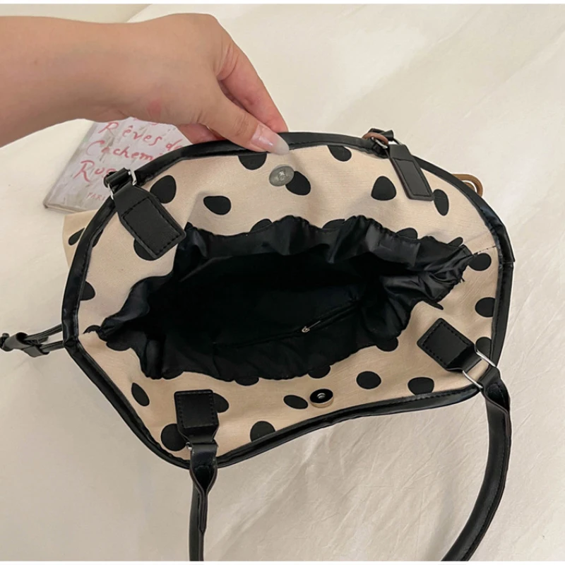 Koreanische Schultertasche aus Baumwoll-Leinen mit Polka Dots, Damen-Patchwork-Tragetasche mit großem Fassungsvermögen, vielseitige Freizeit-Handtasche für den Arbeitsweg – Detail 2