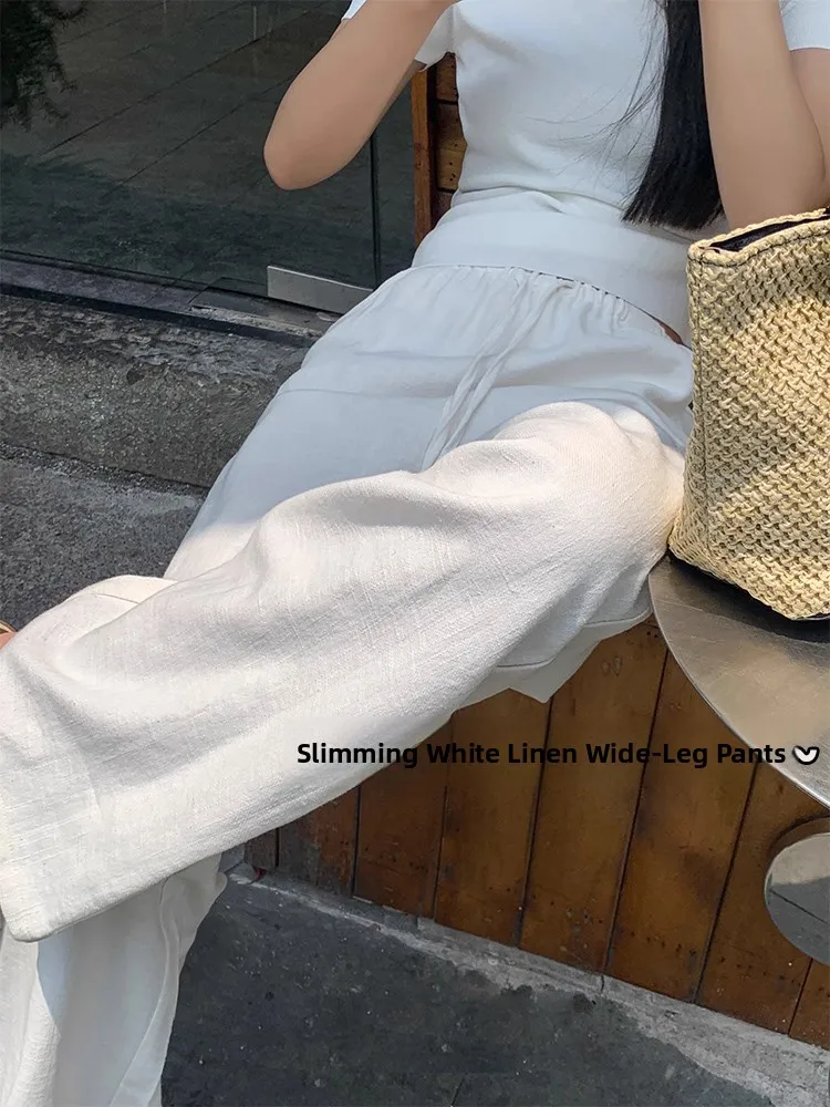 

White Linen Wide Leg Pants Women Summer Thin High Waist Draped Narrow Version Straight Casual Cotton Linen Trousers