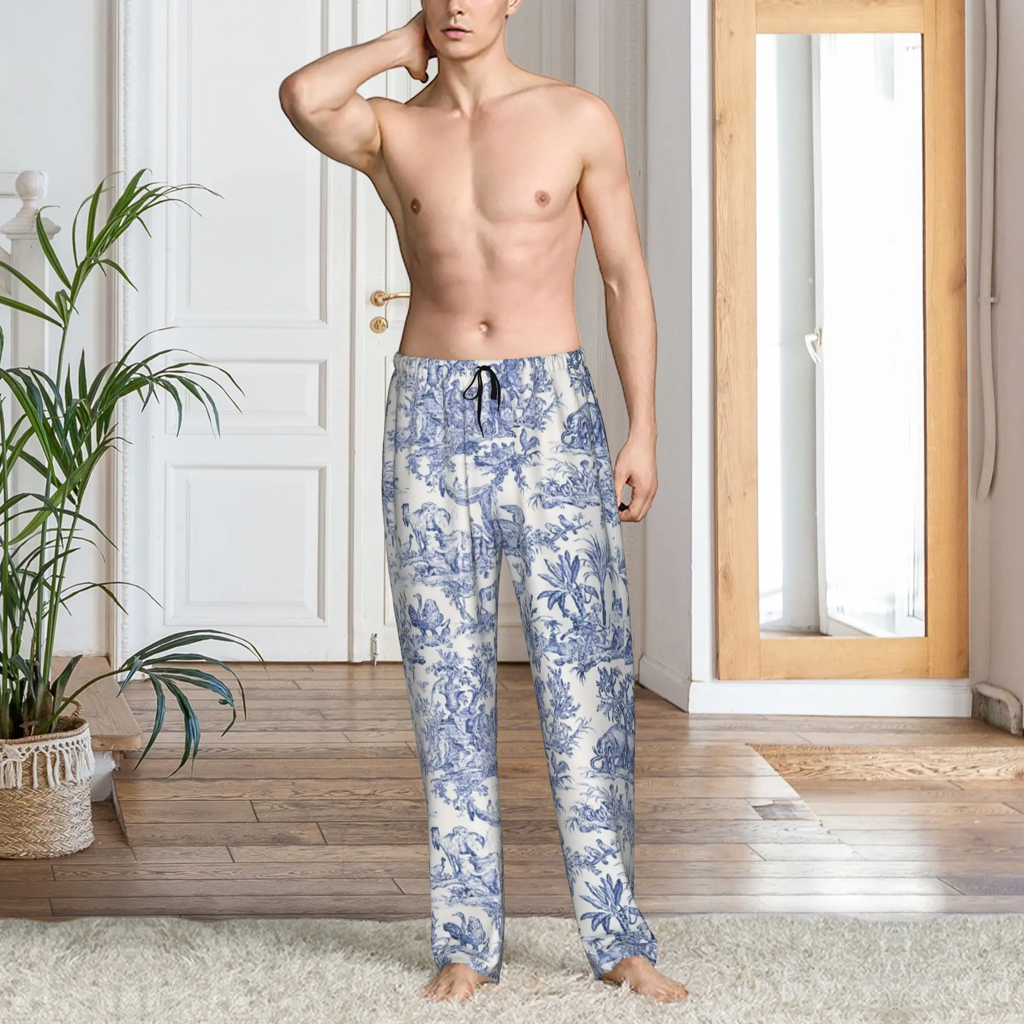 Custom Print Men Navy Blue Toile De Jouy Pajama Pants French Countryside Floral Sleepwear Sleep Lounge Bottoms with Pockets view 6